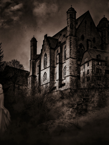 spooky haunted house in black and white 