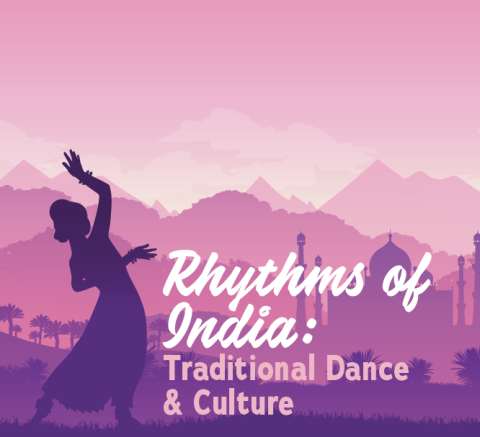purple silhouette of a woman dancing agains mountainous background.