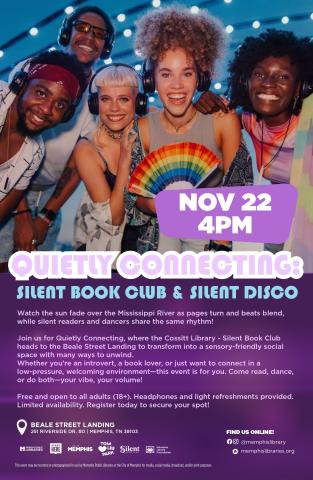 Group of people smiling with headphones on above event details