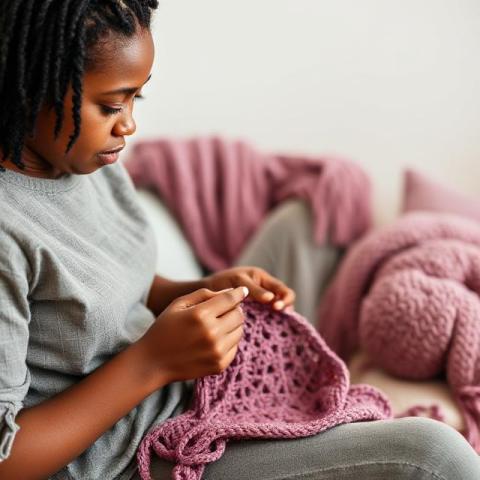 a young woman crochets a blanket