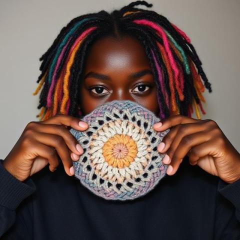 a teen with colorful hair showing off her crochet patch