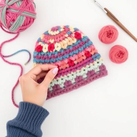 a crochet beanie being made of yarn
