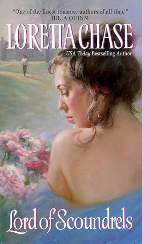 soft pastel colored background with brunette woman on front looking over her shoulder for Lord of Scoundrels cover by Loretta Chase