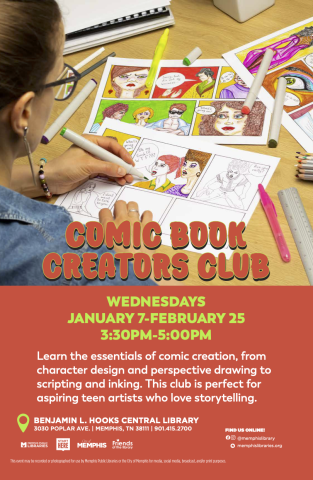 Comic Book Club Flyer. Teen drawing her own comic.