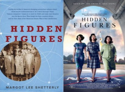 The cover of the book "Hidden Figures" and the promotional poster for the film of the same name sit side-by-side