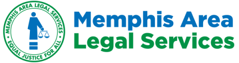 Green circle inscribed with the words Memphis Area Legal Services around a blue figure of a man holding scales standing on an equal sign with blue andd green text reading Memphis Area Legal Services to the right of the image