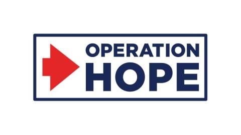 Logo of a red arrow pointing to the right at the words Operation Hope all-caps in a dark blue font surrounded by a dark blue box