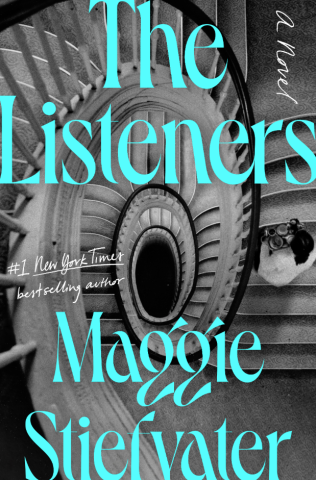 black and white background with turquoise lettering book cover for novel The Listeners by Maggie Stiefvater