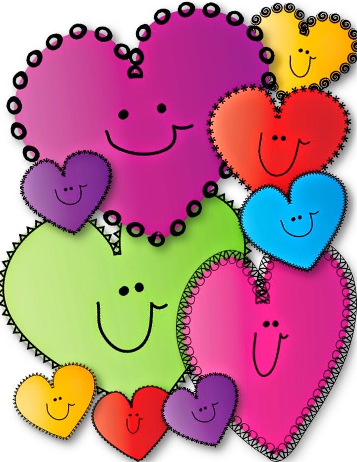 different colored hearts in various sizes with smiley faces drawn on each