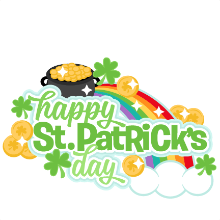 clipart with green text that says "Happy St. Patrick's Day" with a pot of gold, rainbow, clovers, and coins around it