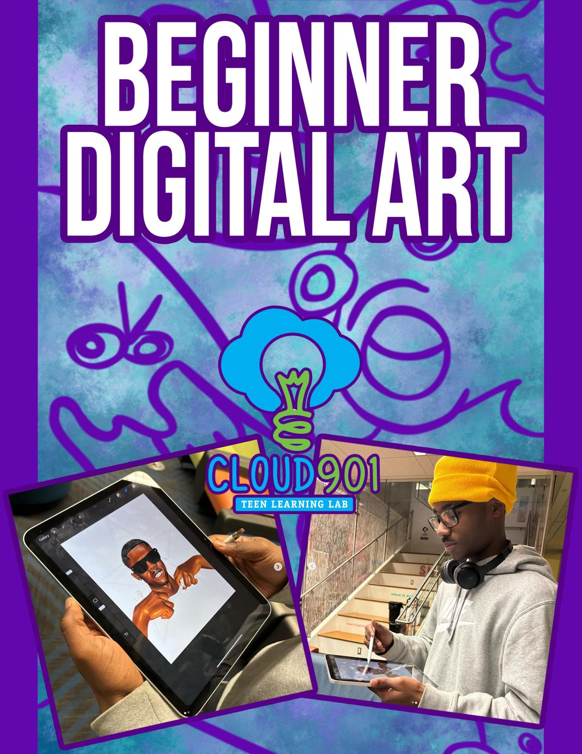 COVER PHOTO FOR CLOUD 901 BEGINNER DIGITAL ART SHOWING A TEEN USING AN IPAD TO CREATE ART.