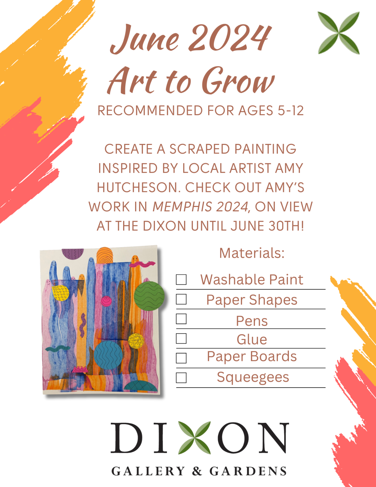 A flyer entitled, "June 2024 Art to Grow" , with an example of a 'scraped painting' 