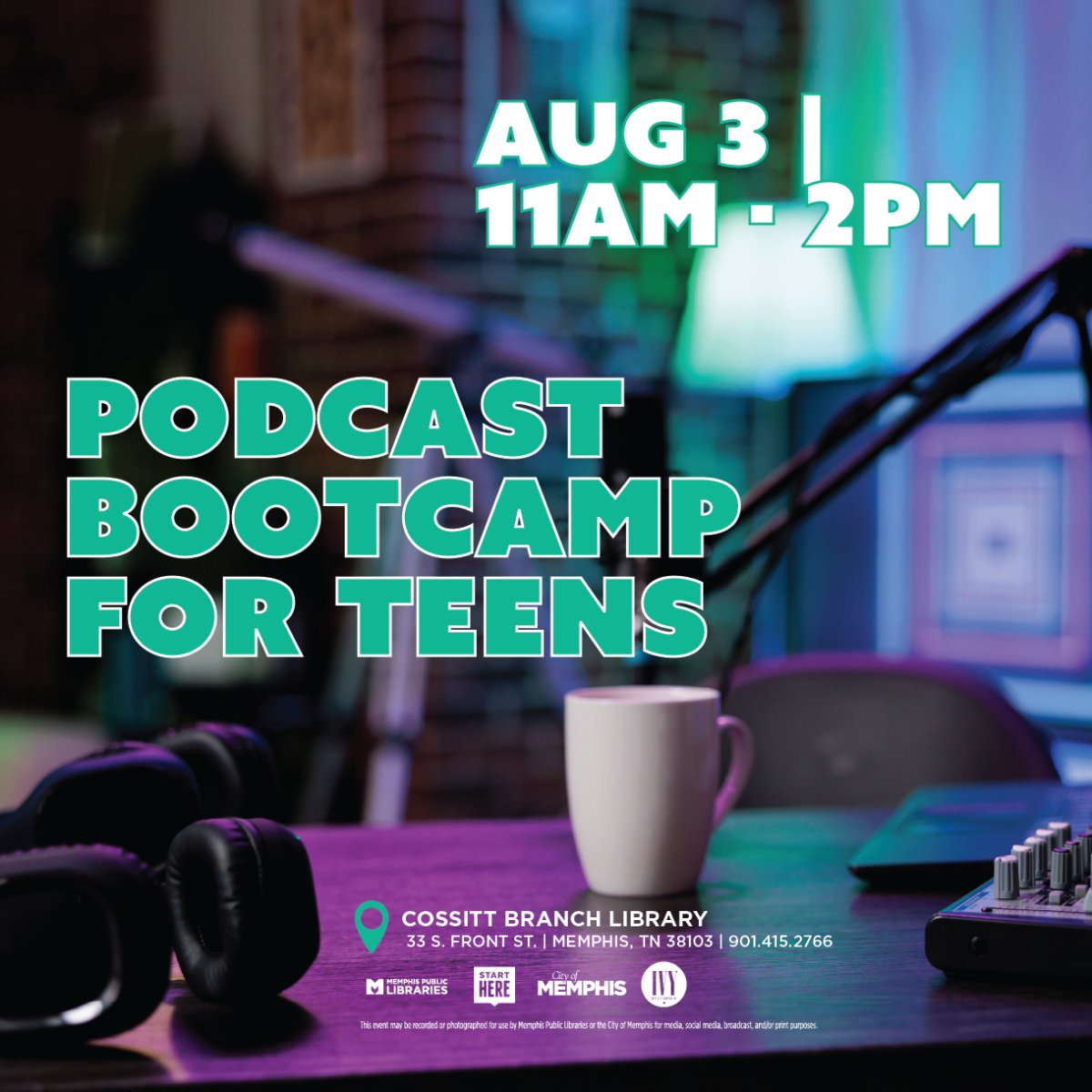 Podcast Bootcamp for Teen written in teal over a background of a coffee mug on a table with headphones and microphone equipment.