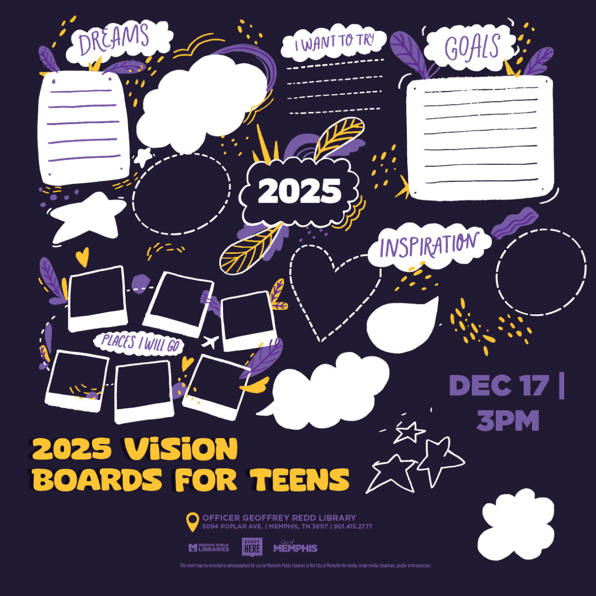 purple, black, yellow, and white drawings simulating a vision board