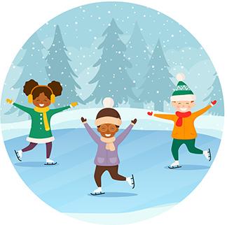 clipart of three kids ice skating on a winter scene with arms lifted