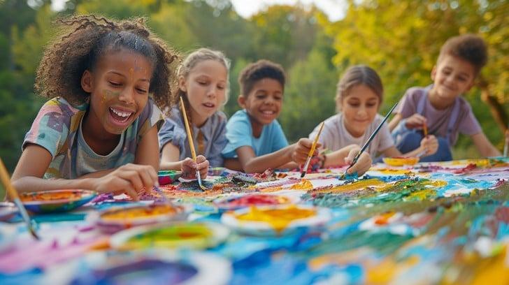 photograph of children painting outside 