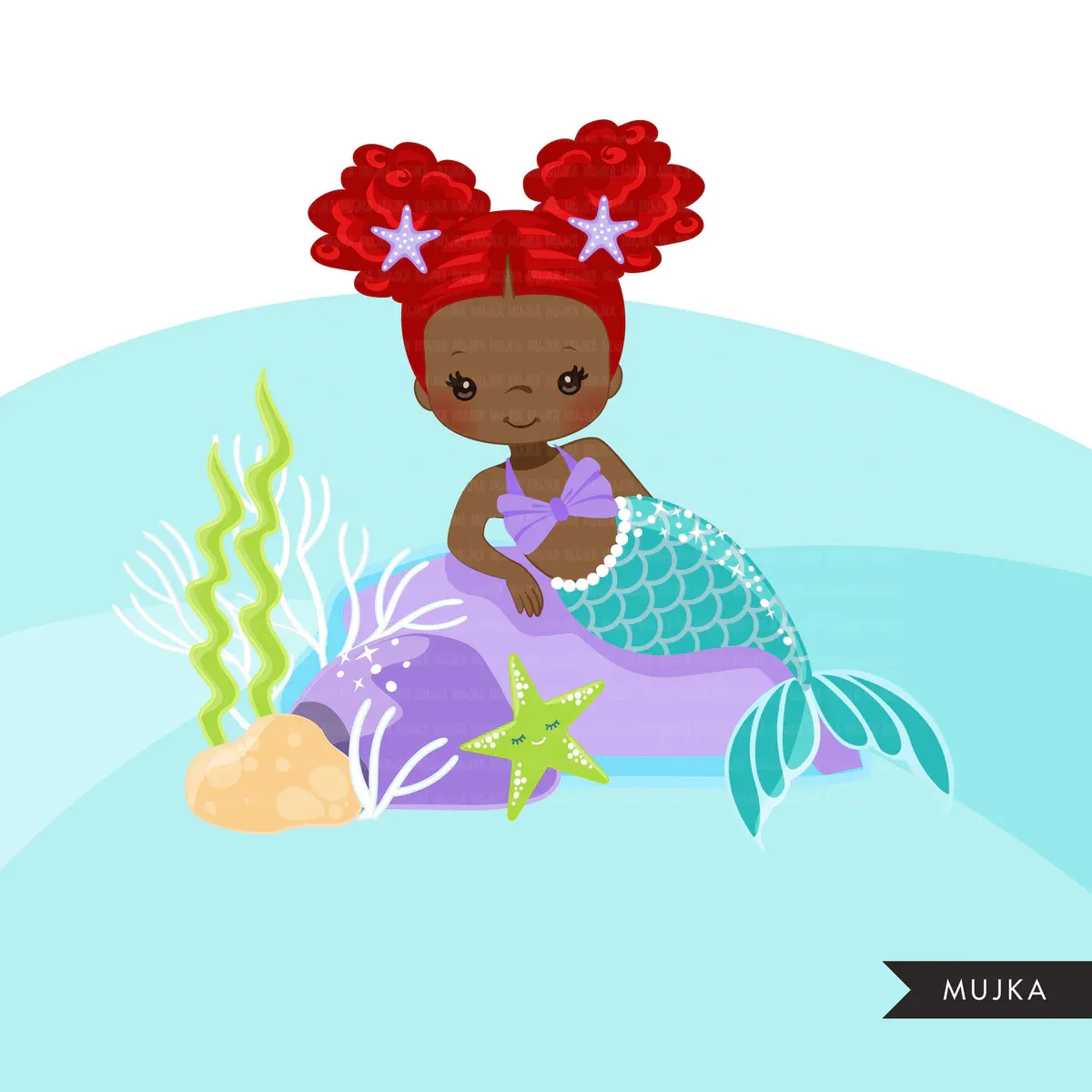 clipart scene of a mermaid laying on an underwater boulder 