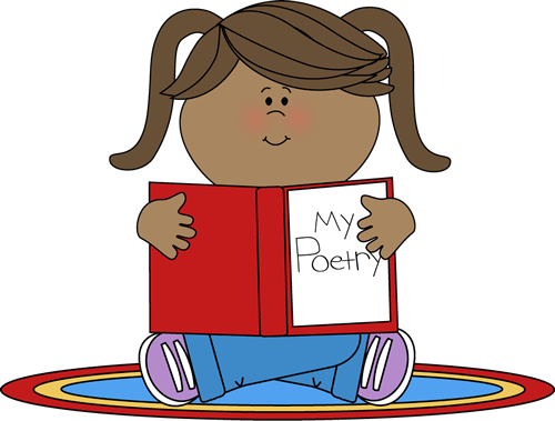 clipart of a young girl sitting on a rug reading a book that says "My Poetry" on the front