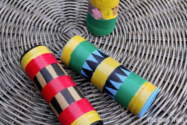 photo of homemade shakers made from toilet paper rolls, washi tape, and bottlecaps