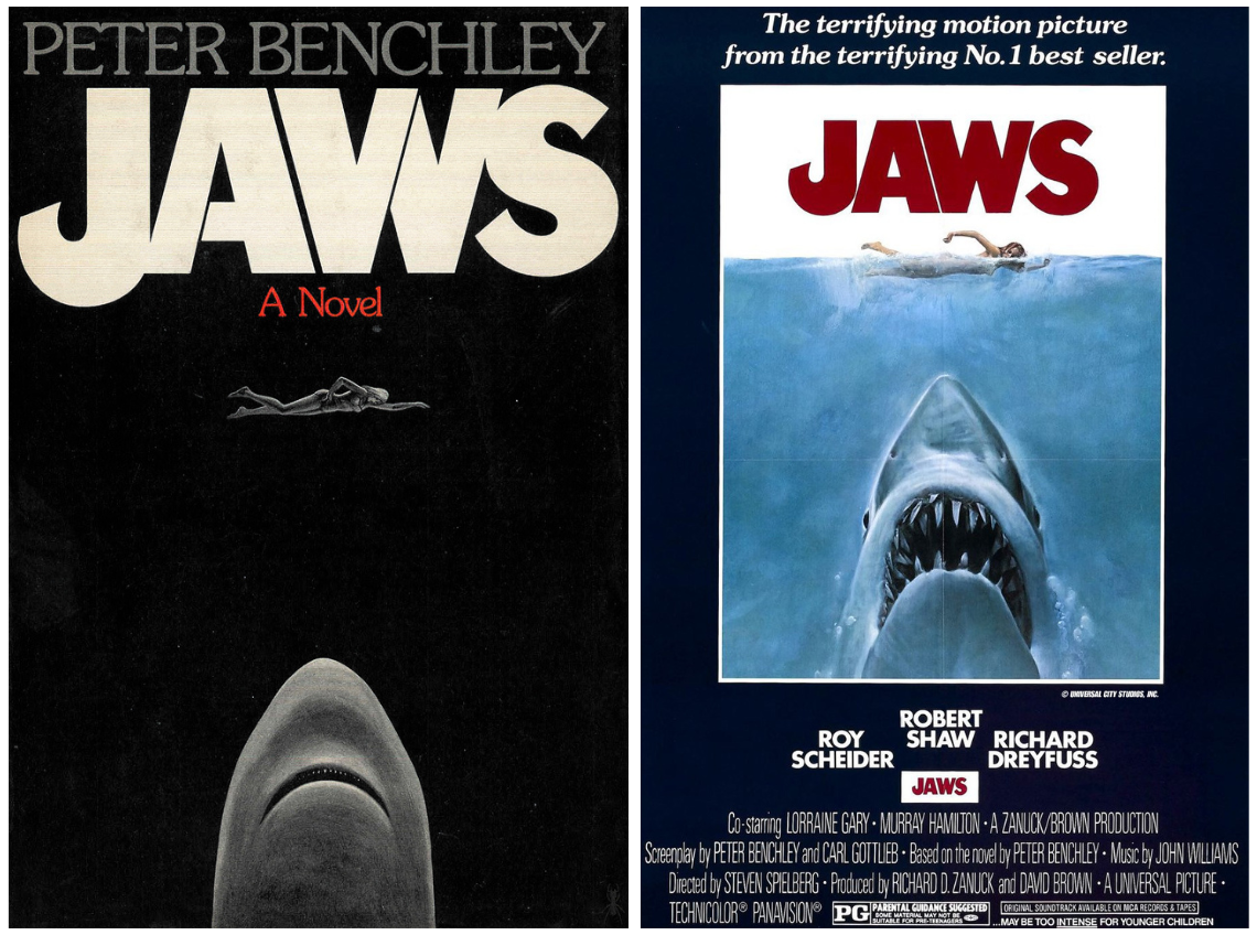 Jaws book cover and movie poster